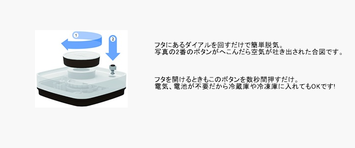 ダイアルを回すだけで簡単脱気。冷蔵冷凍可能