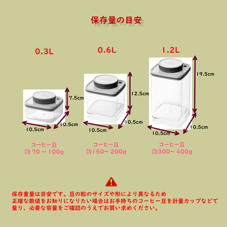 真空保存容器ターンシール(ターンエヌシール)でコーヒー豆を真空保存_保存重量目安
